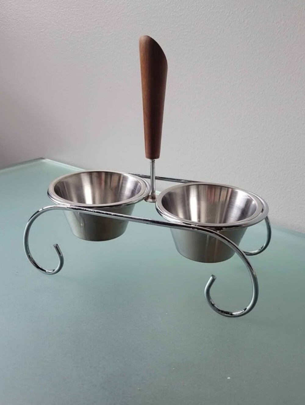 Vintage Danish MCM 18/8 Stainless Condiment Caddy Wood Handle
